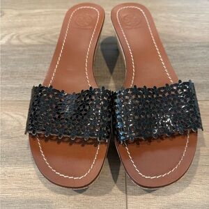 Tory Burch black daisy patent leather wedges